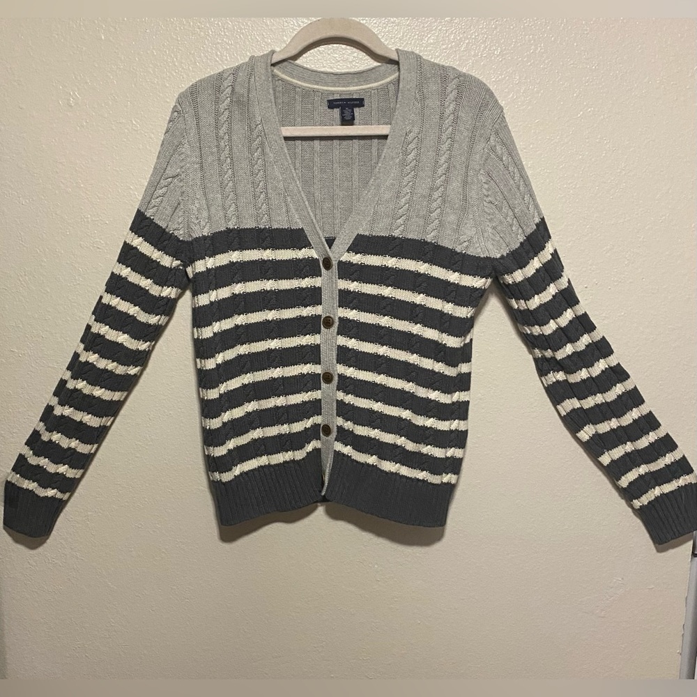 Tommy Hilfiger Gray Striped Cable Knit Cardigan Sweater XL Cotton Preppy - Picture 2 of 4